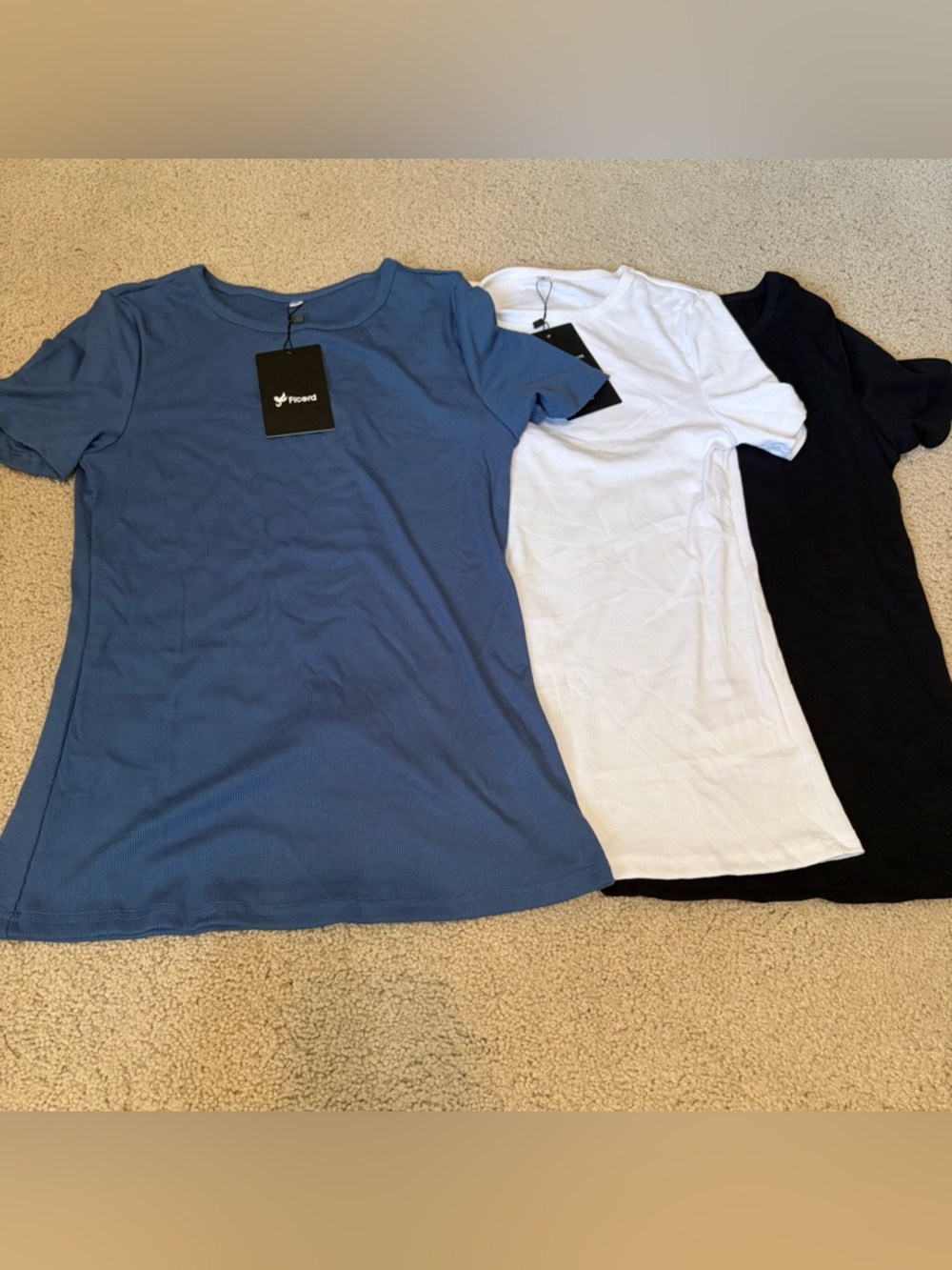 Ribbed Crewneck Short-Sleeve Top in Blue, White & Black SZ Small Stretchy - Picture 2 of 4